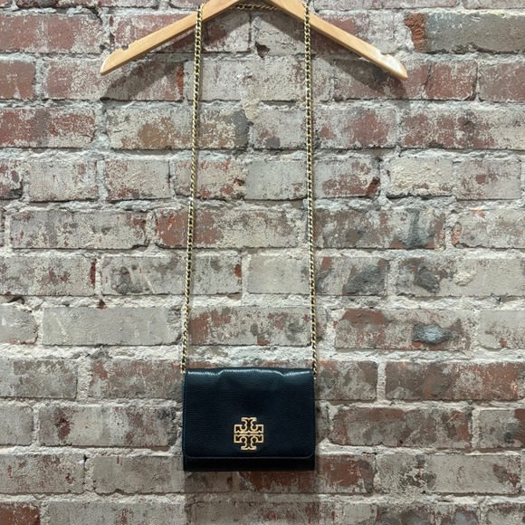 Tory Burch Britten Black Leather Wallet Crossbody Chain Bag Gold Logo - Picture 2 of 8